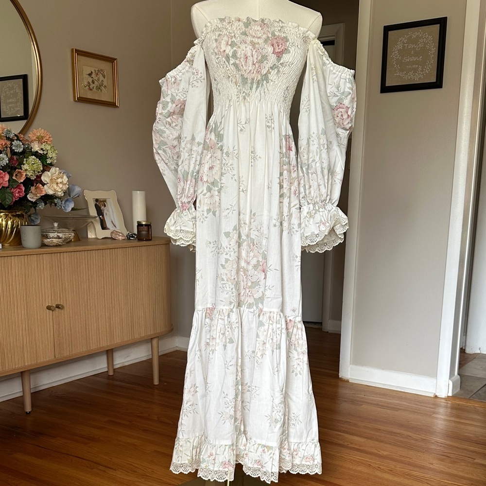 Handmade Recycled Bed Sheet Lace Maxi Dress Medium Tall
